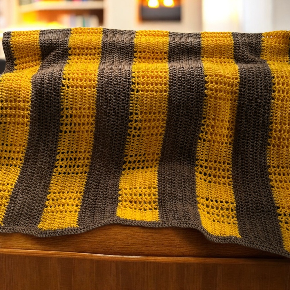 Hand Knit Blanket in Golden Yellow and Brown Stripes
